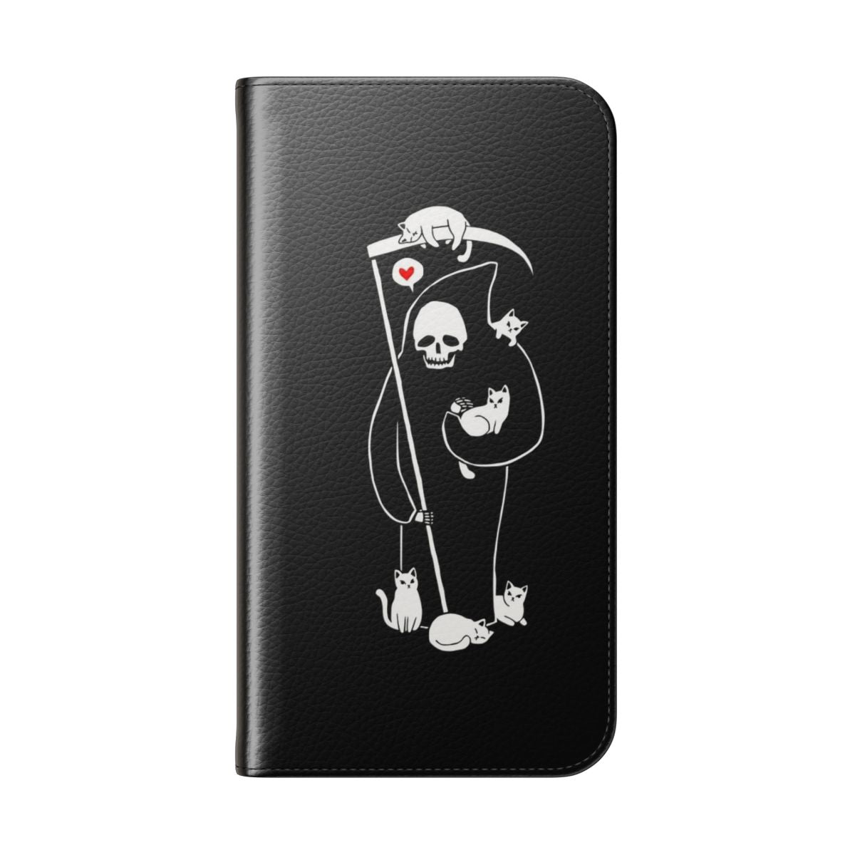 A black and white cat phone case cover with a grim reaper and skull design, perfect for gothic and horror fans. - Folded Back