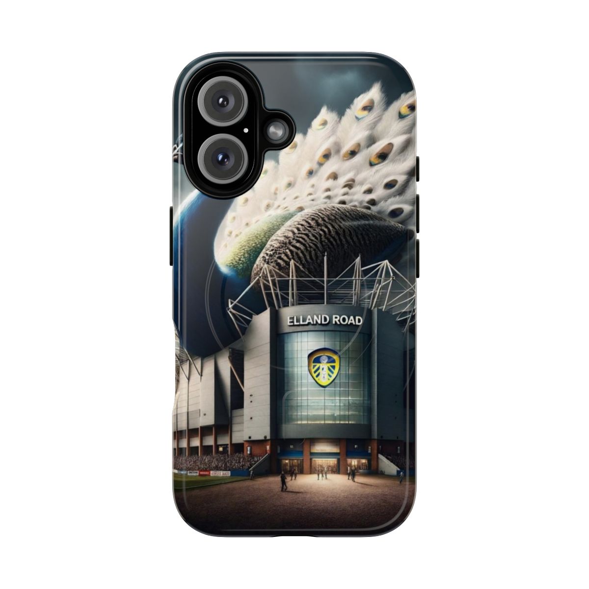 Elegant phone case featuring a majestic peacock design with the Elland Road stadium in a stormy, dramatic sky.