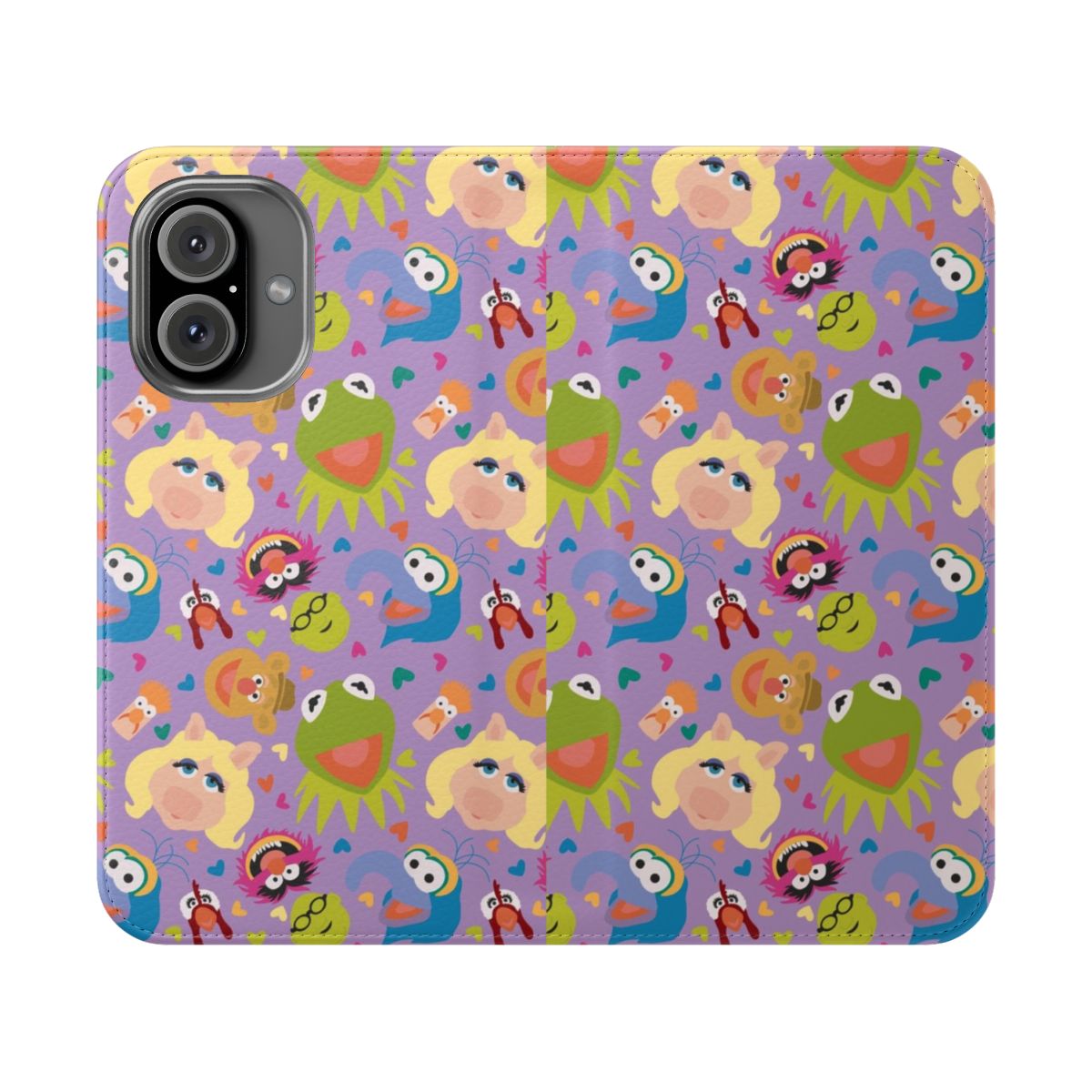 Flip phone case with a repeating pattern of colorful Muppet characters like Kermit, Miss Piggy, and Gonzo.