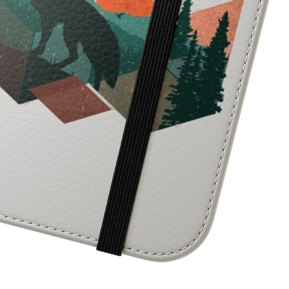 A natural, geometric-themed phone case featuring a fox silhouette against a colorful sunset. - Close Up