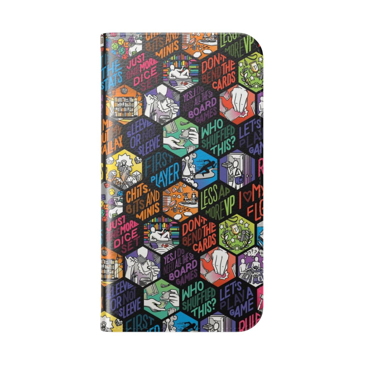 A hexagonal flip phone case with board game-inspired designs for the passionate tabletop gamer. - Folded Back