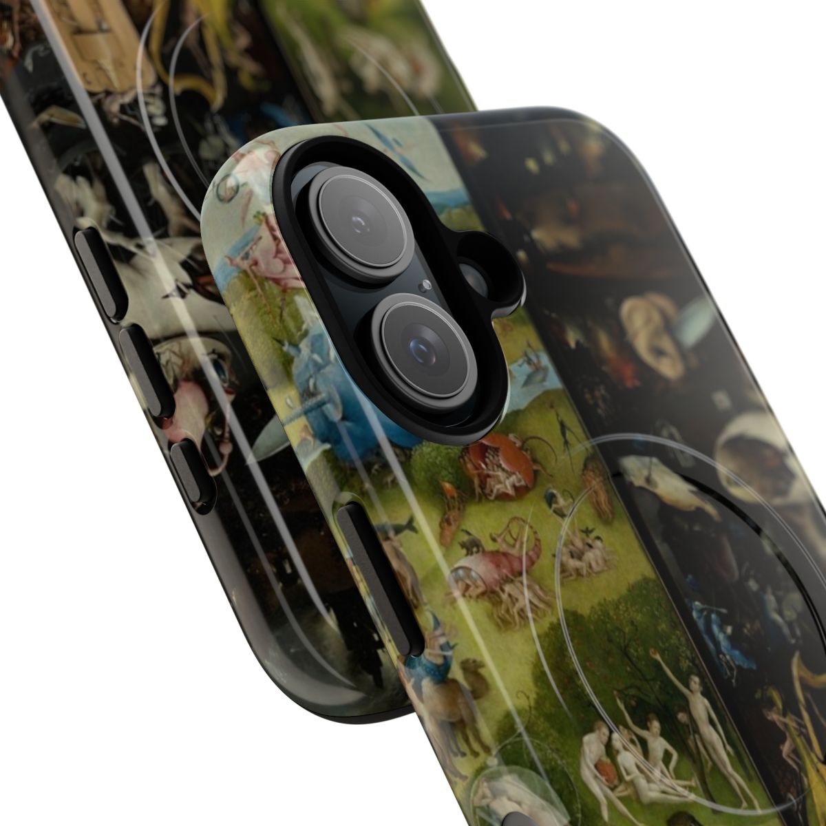 Magnetic tough phone case featuring the iconic "Garden of Earthly Delights" triptych painting by renowned Dutch artist Hieronymus Bosch. - Detail