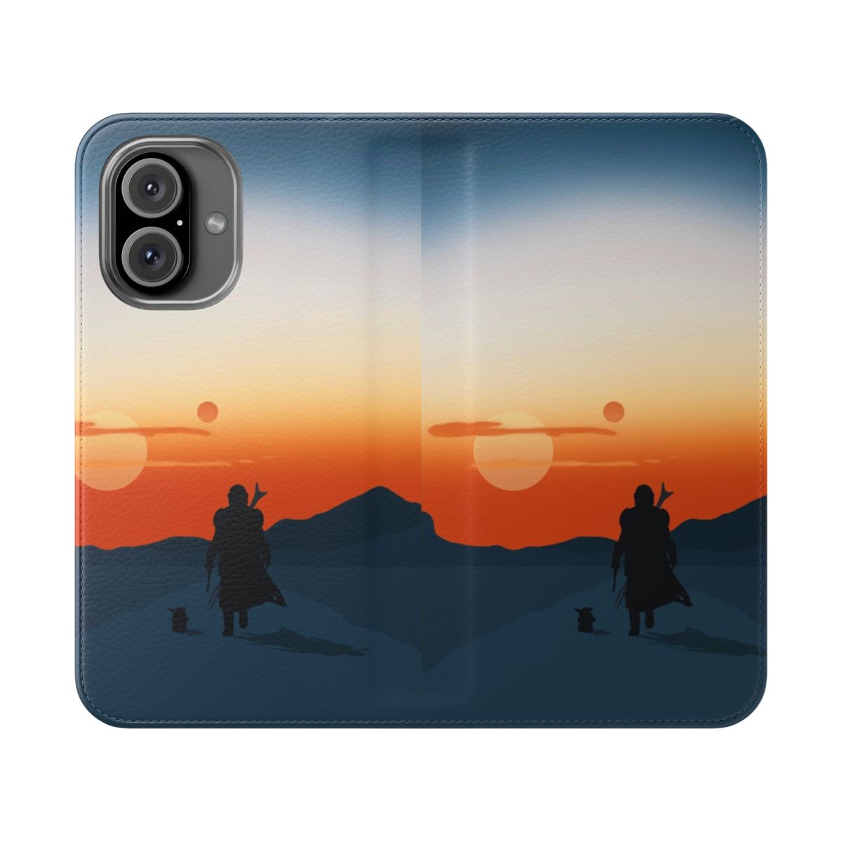 Flip cover phone case with Star Wars-themed design featuring Mando, Grogu, and other beloved characters