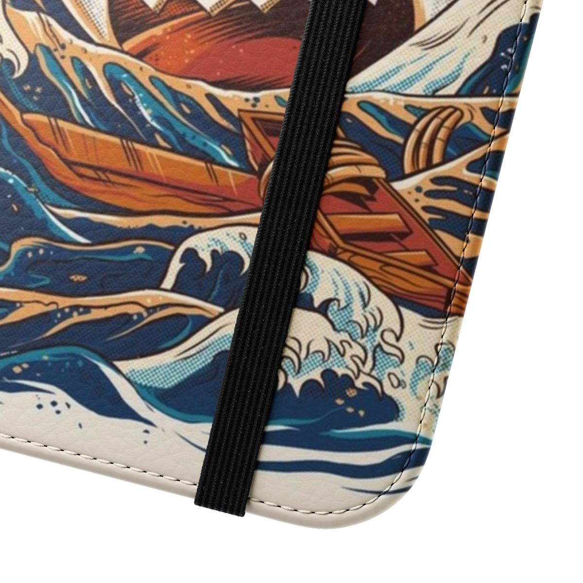 Vibrant anime-style illustration of a ramen bowl with a retro Japanese wave pattern on a smartphone flip cover case. - Close Up