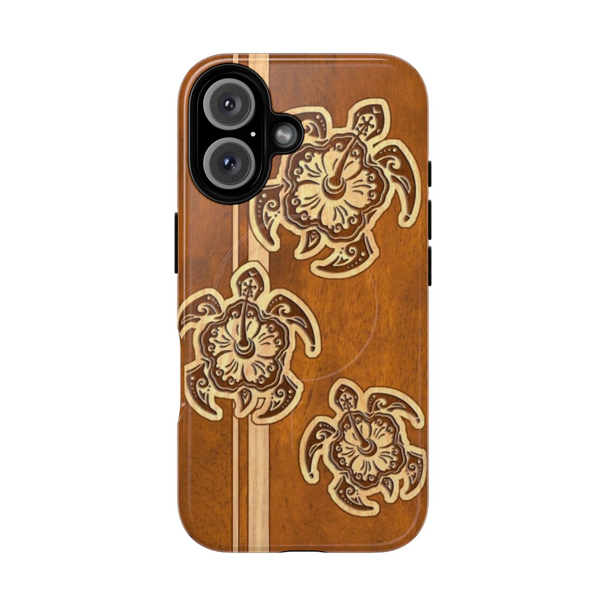 Closeup of a stylish Hawaiian honu turtle faux wood phone case