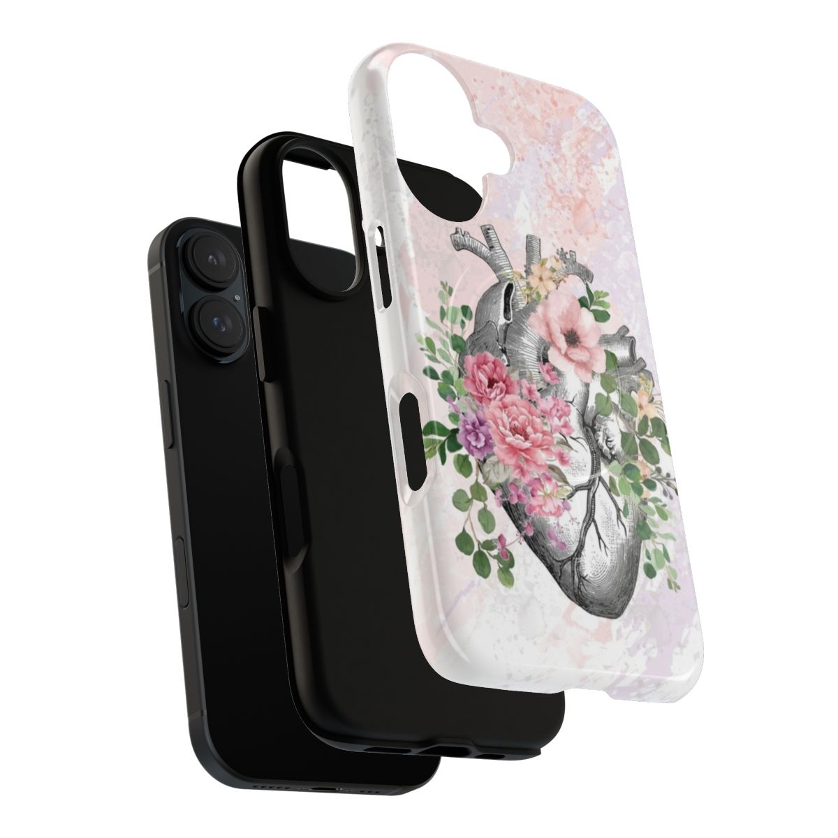 Magnetic tough phone case featuring a floral heart design with pink roses and human anatomy elements - Layers