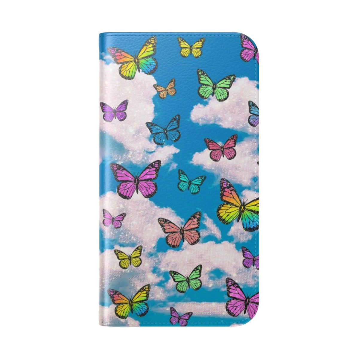 A colorful phone case featuring a butterfly and cloud pattern in a soft, pastel palette. - Folded Back