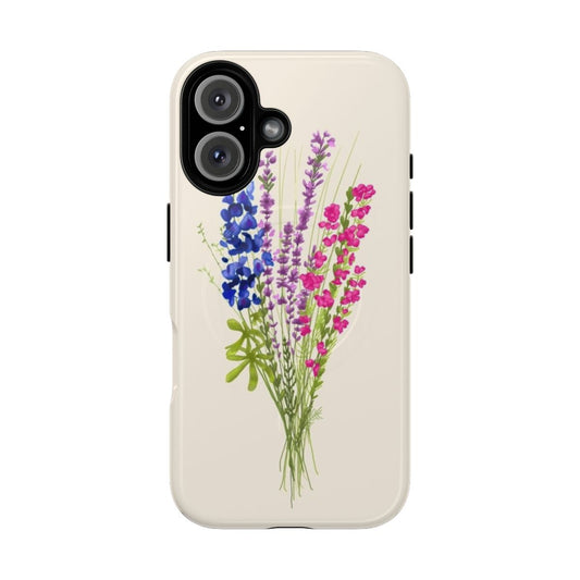 Subtle bisexual pride floral phone case featuring lavender, heather, and texas bluebonnet flowers in pastel pink, blue, and purple colors.