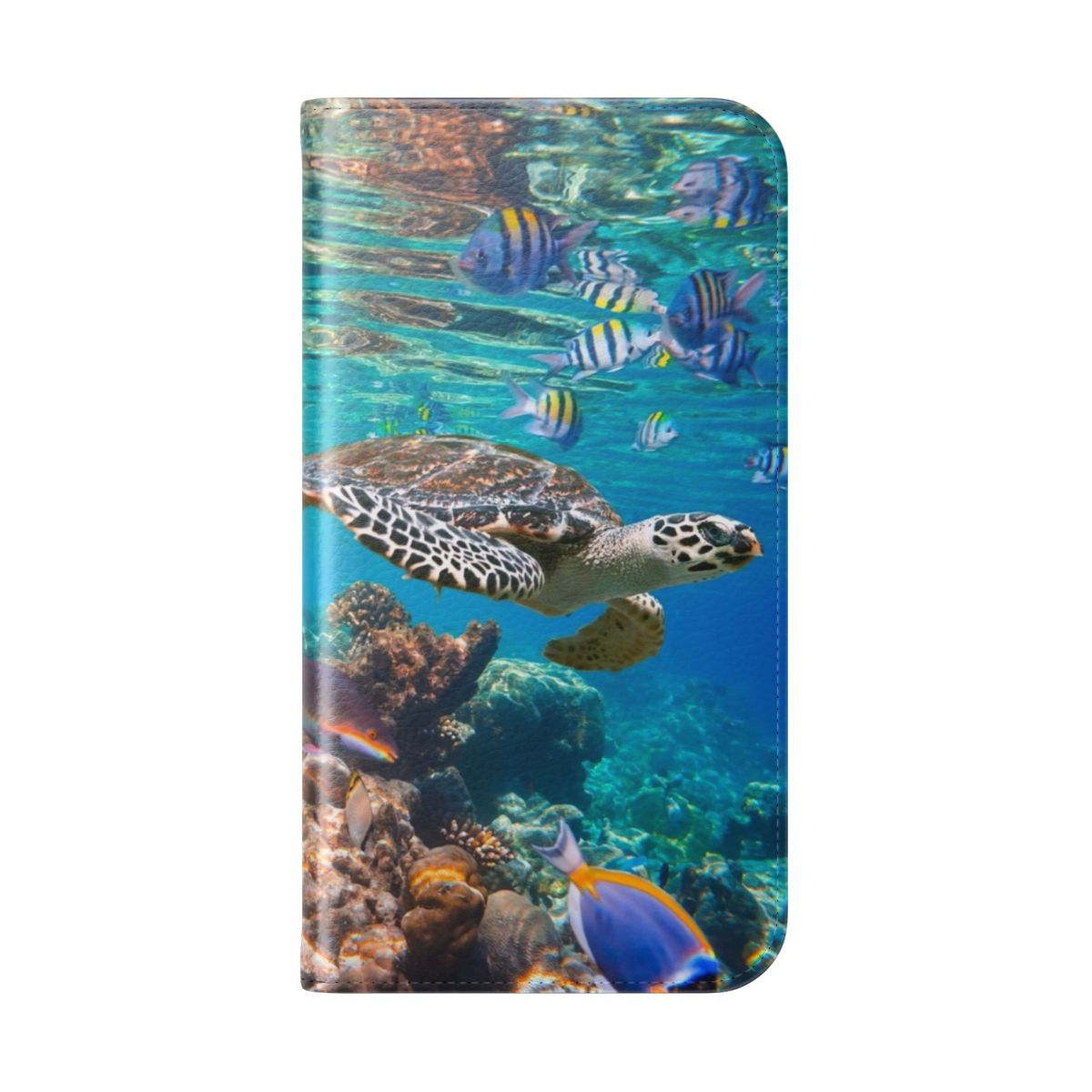 Turtle swimming underwater in ocean, phone case with printed image - Folded Back