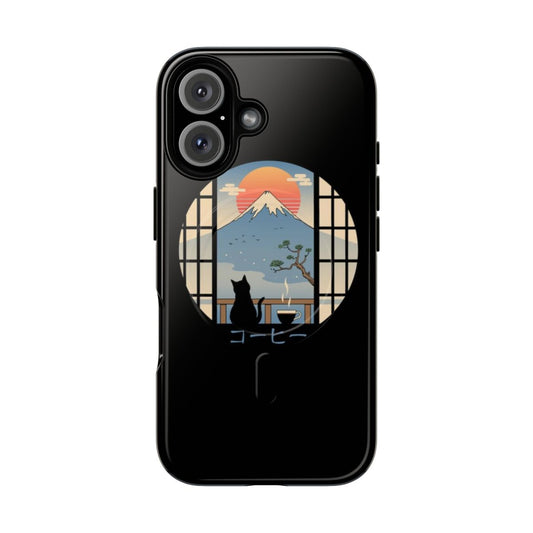 Artistic phone case featuring a retro cat drinking coffee with Mount Fuji in the background