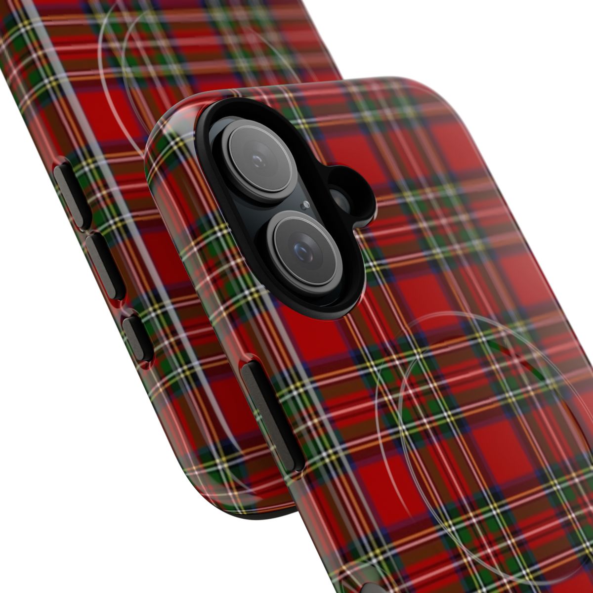 Closeup of a phone case featuring the iconic Royal Stewart tartan plaid pattern. - Detail