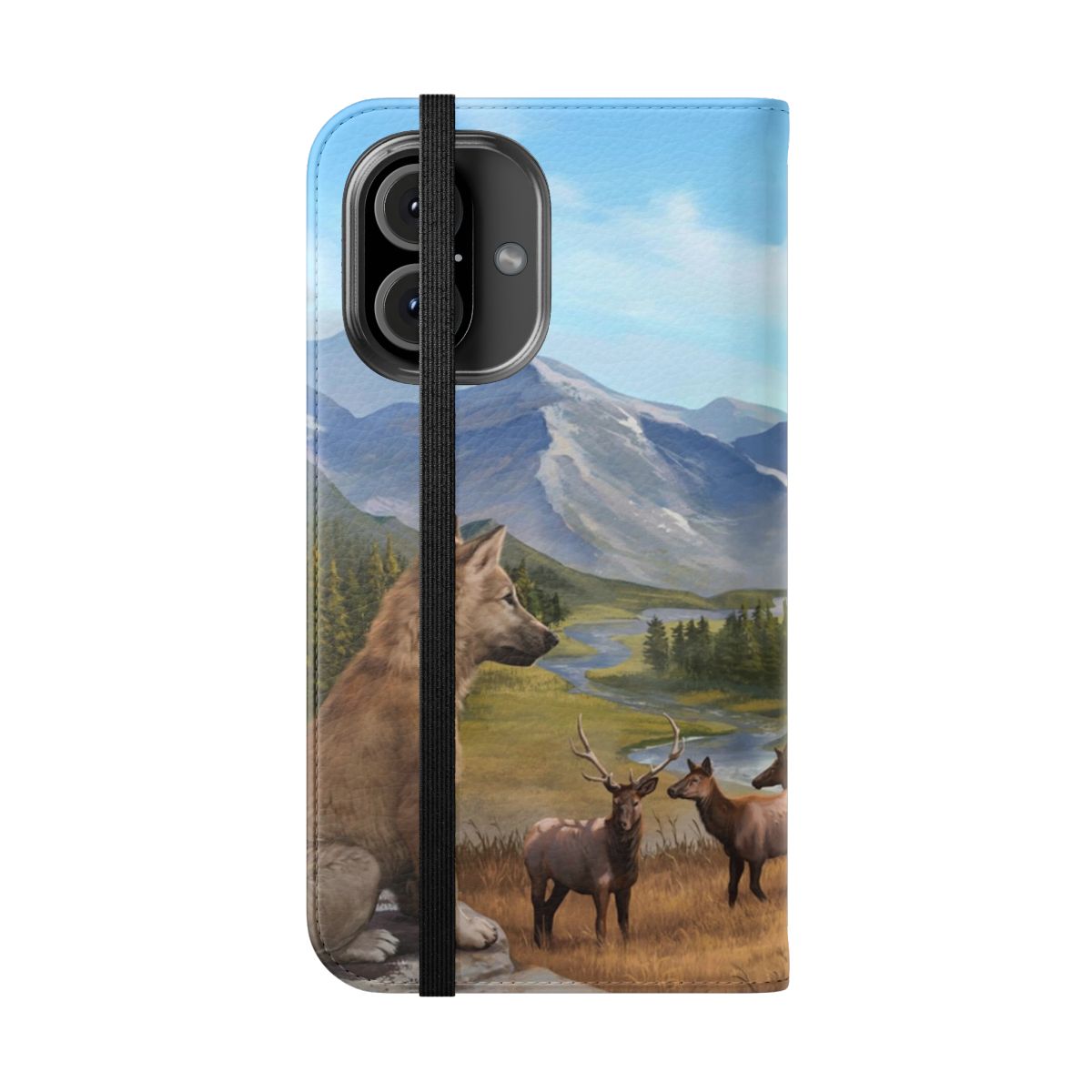 Rustic wolf phone case with nature and mountain pastoral landscape design - Folded Front