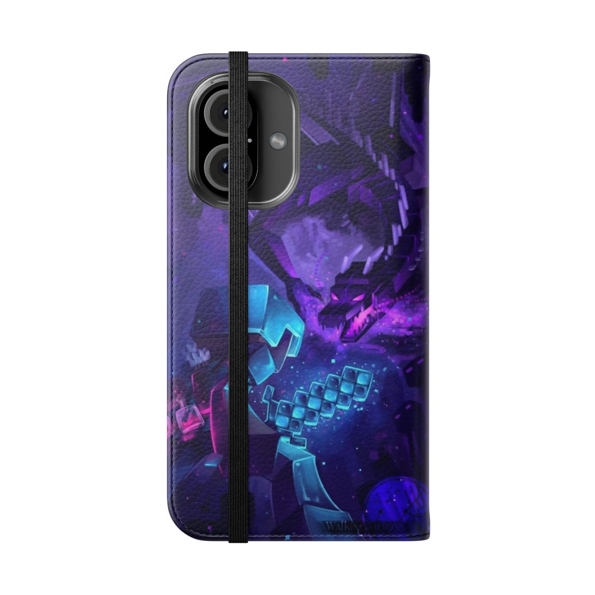 Minecraft-inspired phone case featuring an enderdragon battle scene in a beautiful, aesthetic design. - Folded Front