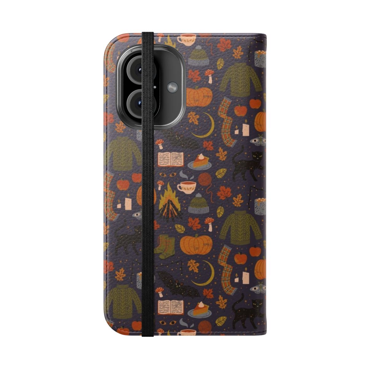 Cozy and spooky autumn nights phone case with fall foliage, pumpkins, and a black cat. - Folded Front