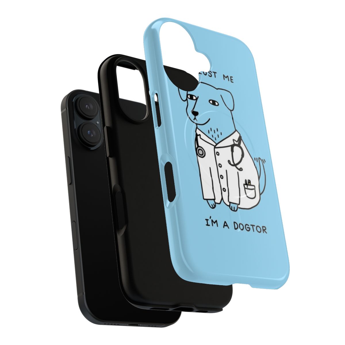 Magnetic tough phone case with a cute dog wearing a stethoscope and the text "Dogtor" - Layers