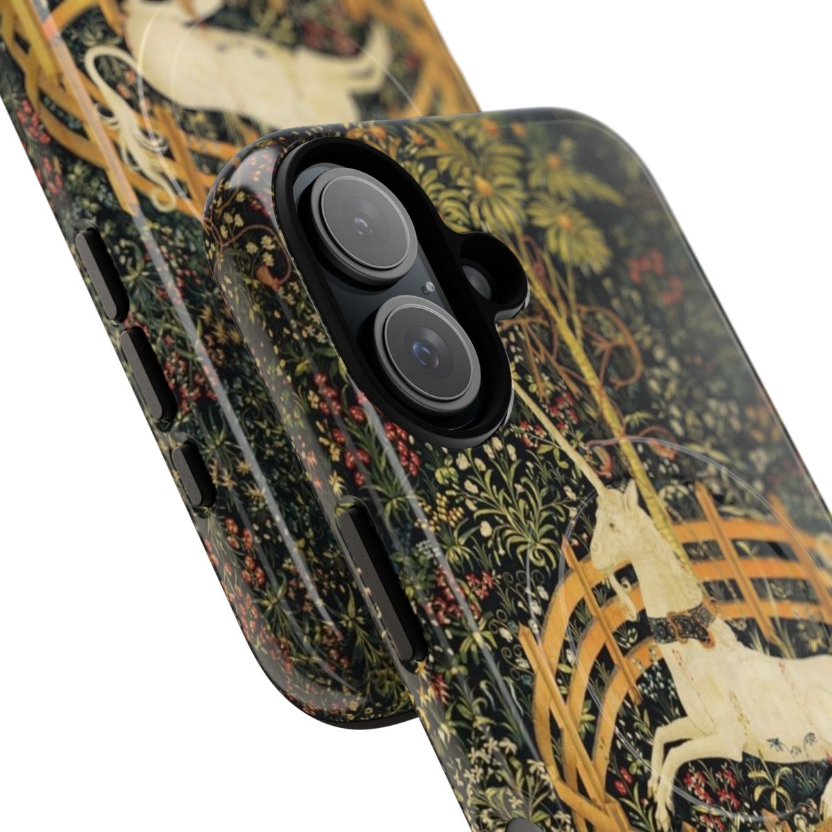 Artistic phone case featuring a captive unicorn in a verdant, gothic floral design - Detail