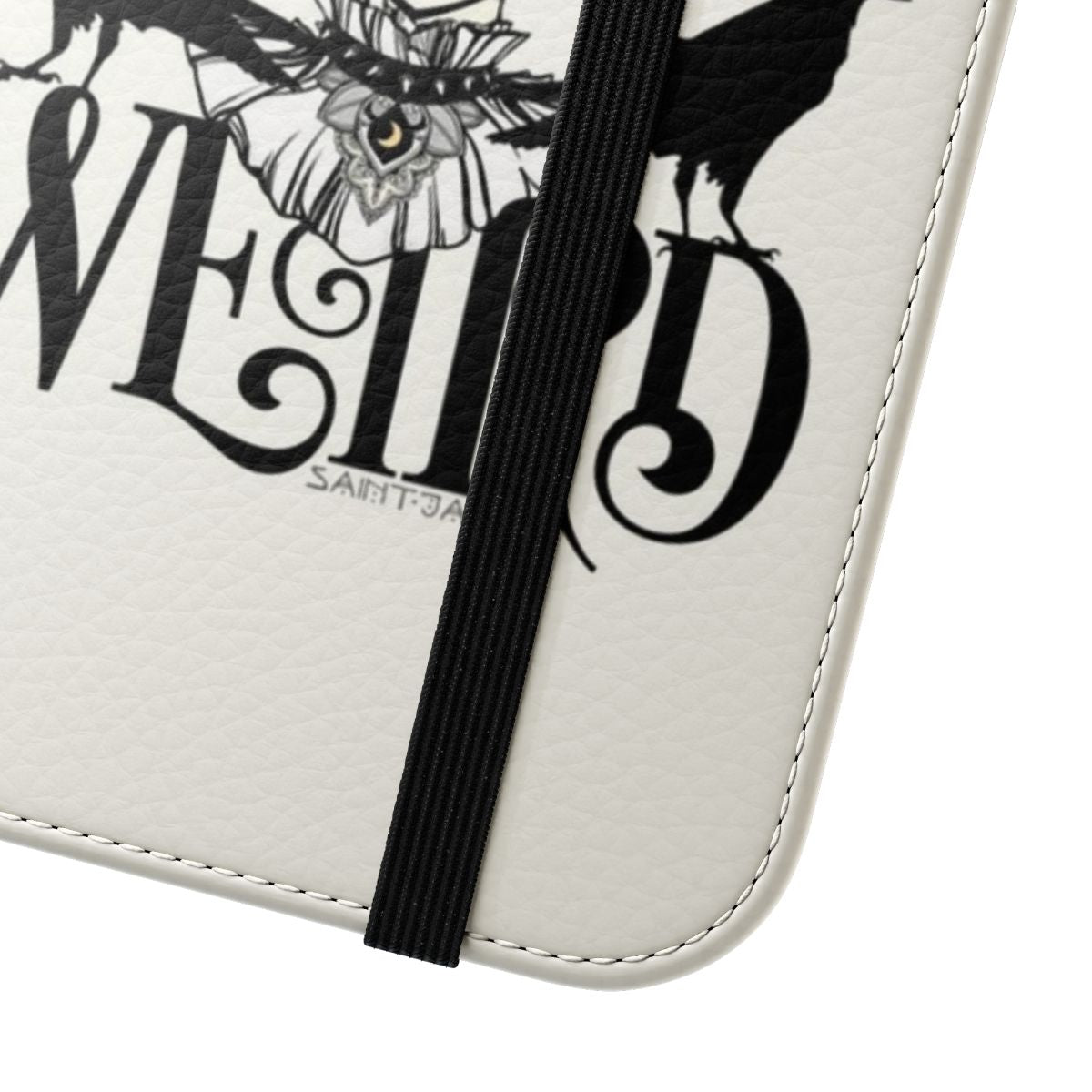 Rose and The Ravens flip cover phone case with a gothic, witchy design featuring ravens and a rose. - Close Up