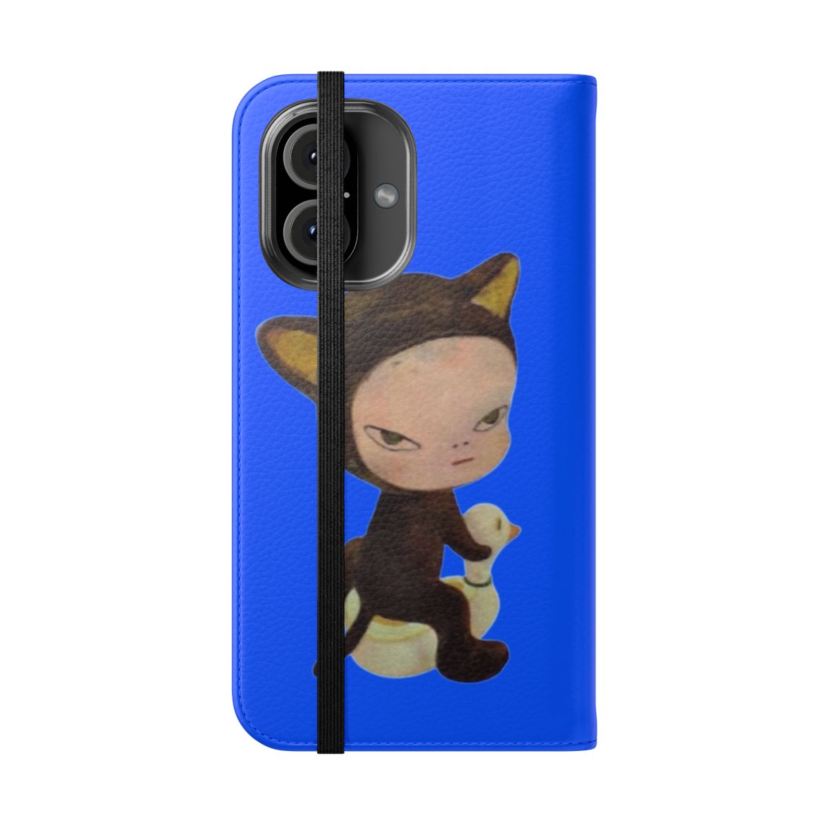 Flip cover phone case with a vibrant Harmless Kitty design inspired by the artwork of Yoshitomo Nara. - Folded Front