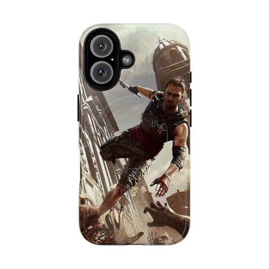 A tough phone case featuring a person performing parkour moves to avoid zombies.