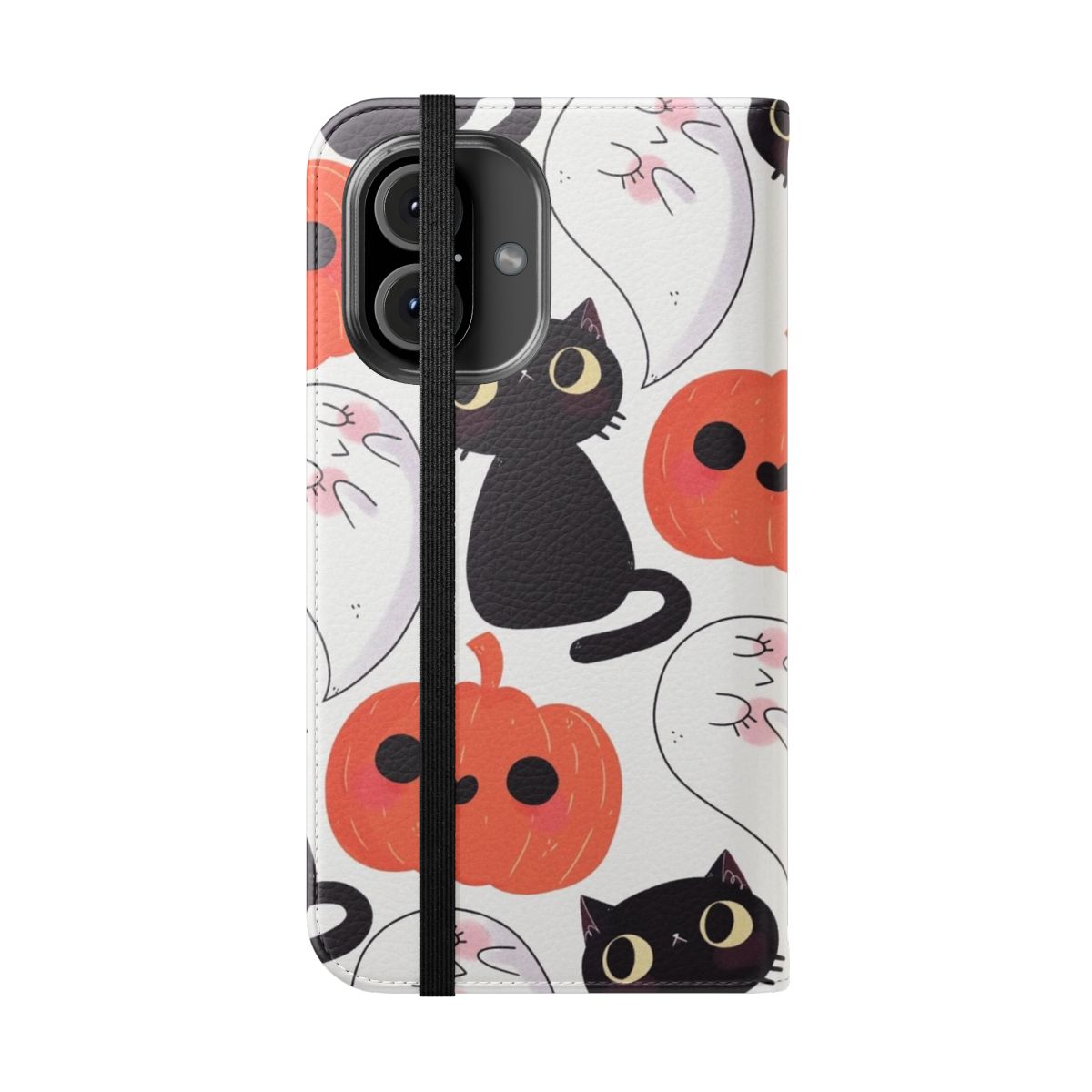 Spooky Halloween-themed flip cover phone case with cute cat, pumpkin, and ghost pattern - Folded Front