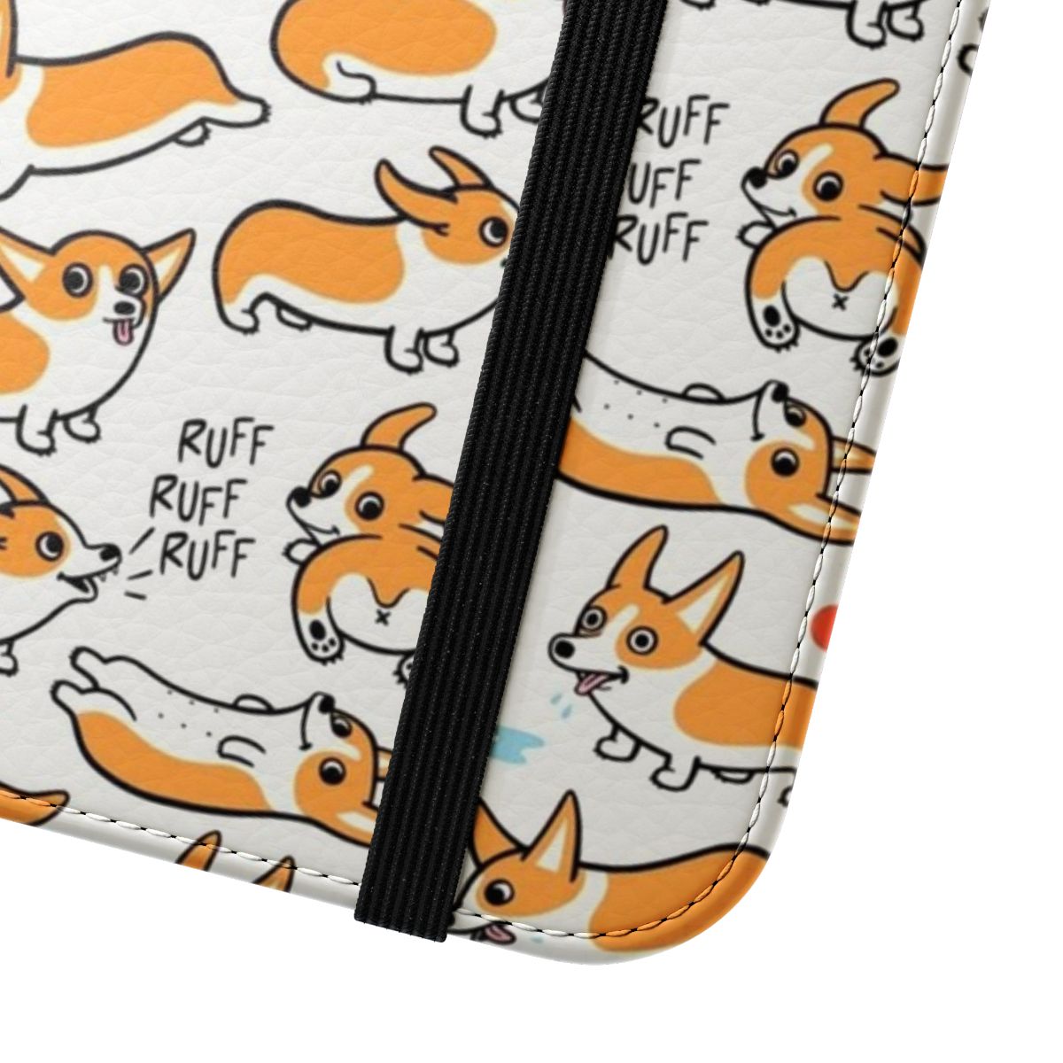 A colorful flip cover phone case featuring a repeating pattern of cute corgi dogs. - Close Up