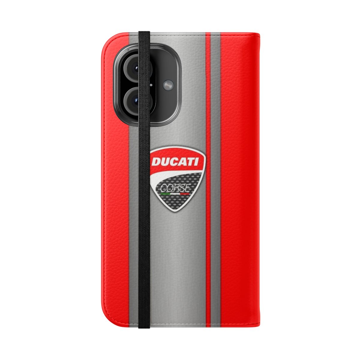 Motorcycle racing-inspired phone case featuring the Ducati logo and design elements - Folded Front