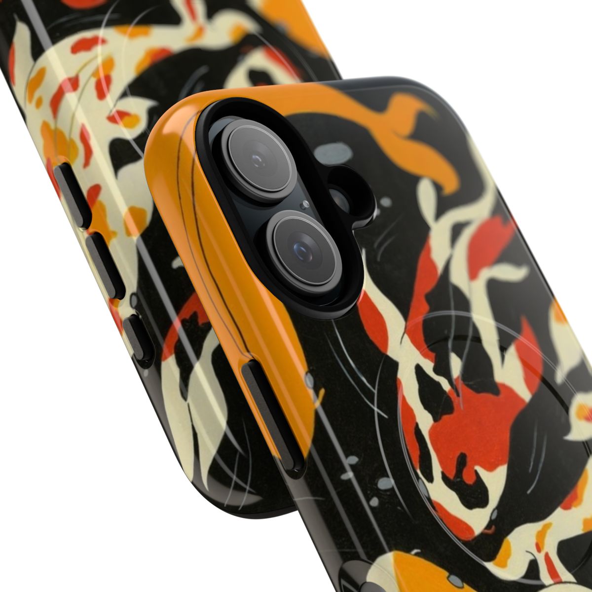 Artistic phone case featuring a captivating koi fish design in a black water setting - Detail