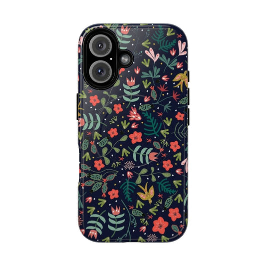 Floral and bird pattern on a green magnetic tough phone case