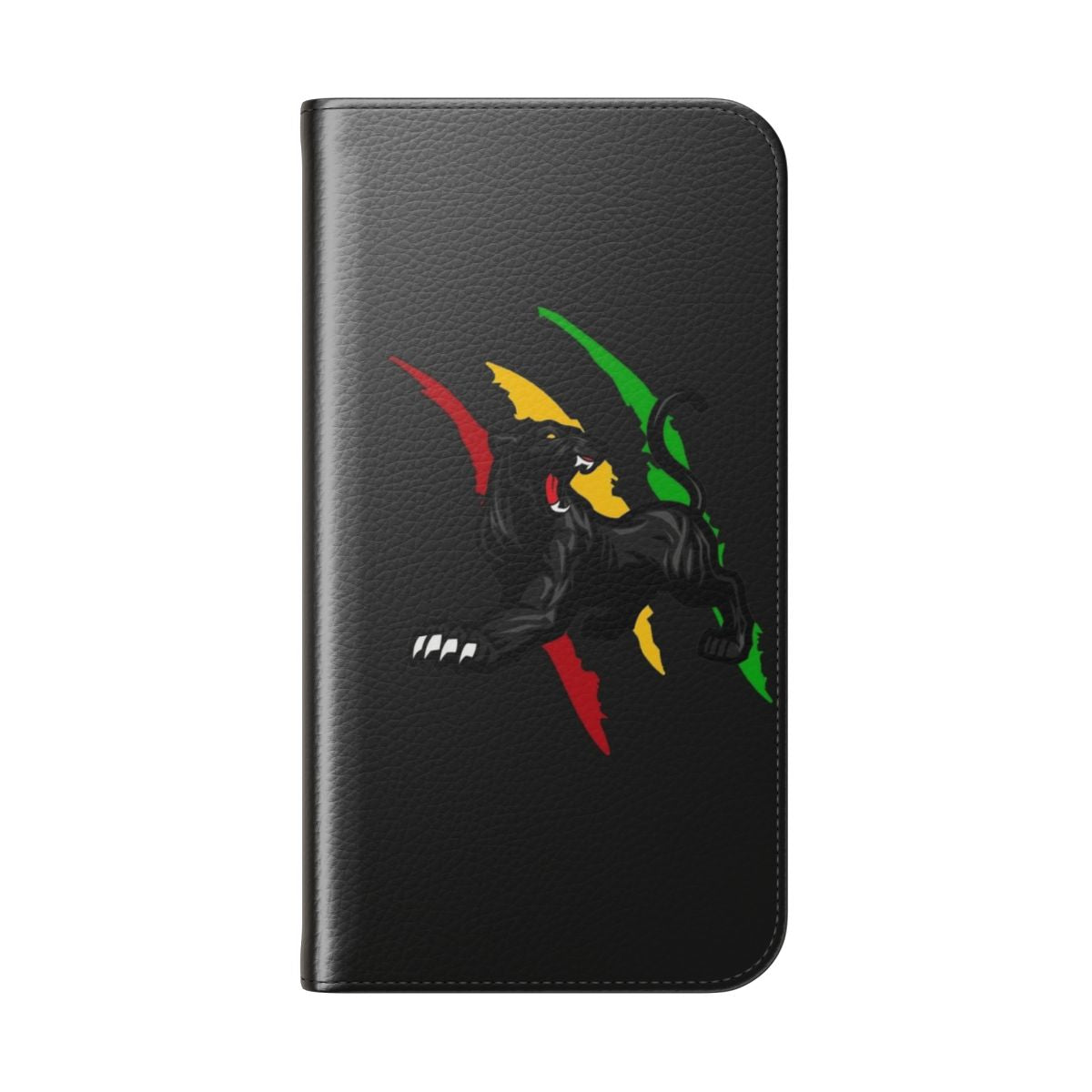 Panther-themed flip cover phone case with fan art design - Folded Back