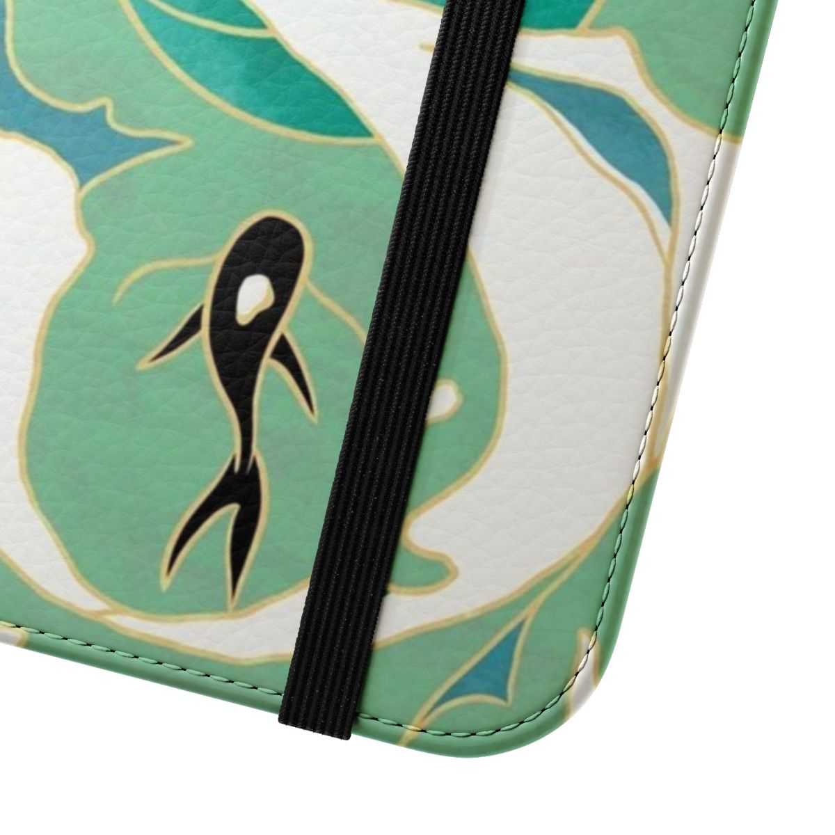 Water Tribe-themed flip cover phone case with blue and teal colors, koi fish, and yin-yang symbols - Close Up