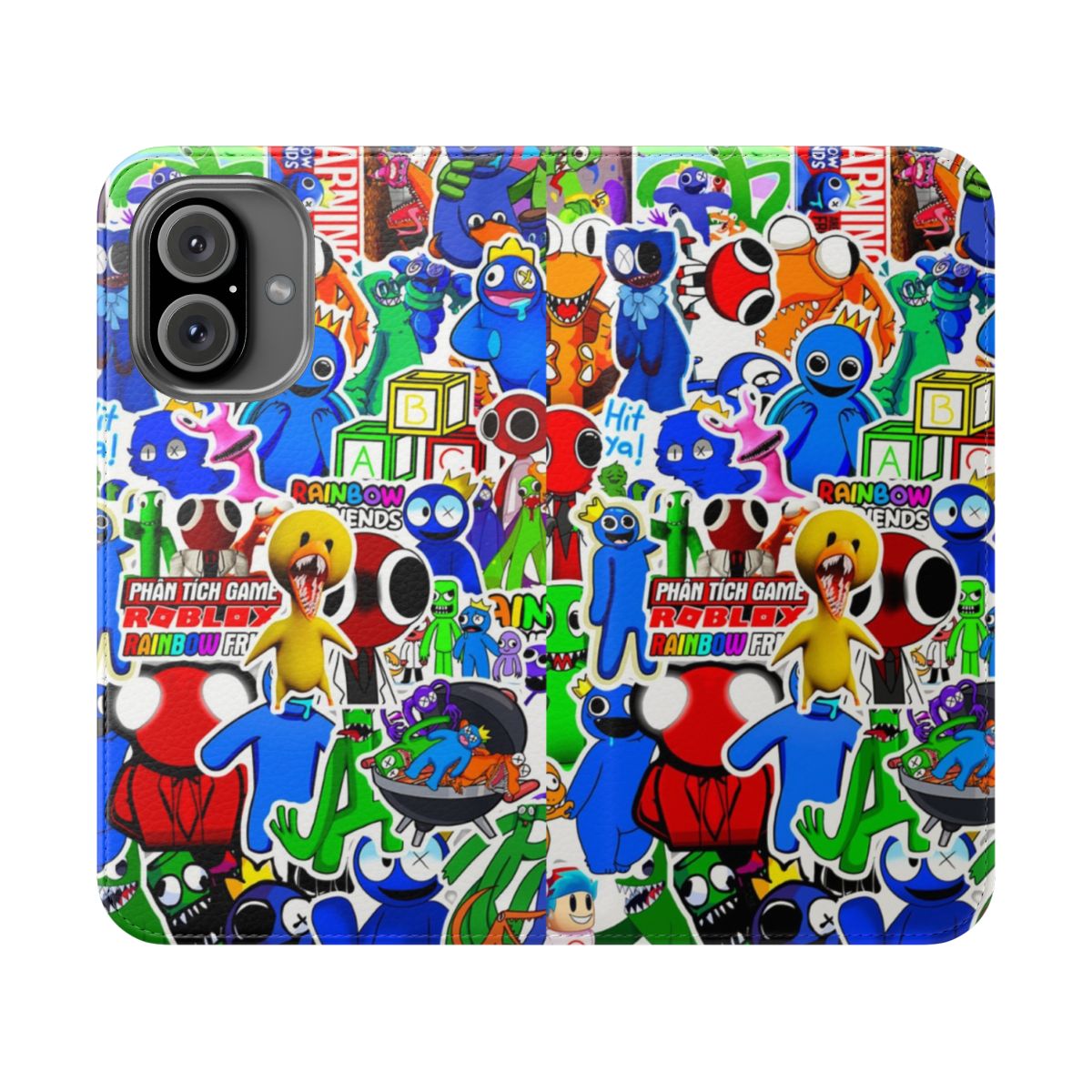 Vibrant, multicolored phone case with rainbow friends-style graphics and characters