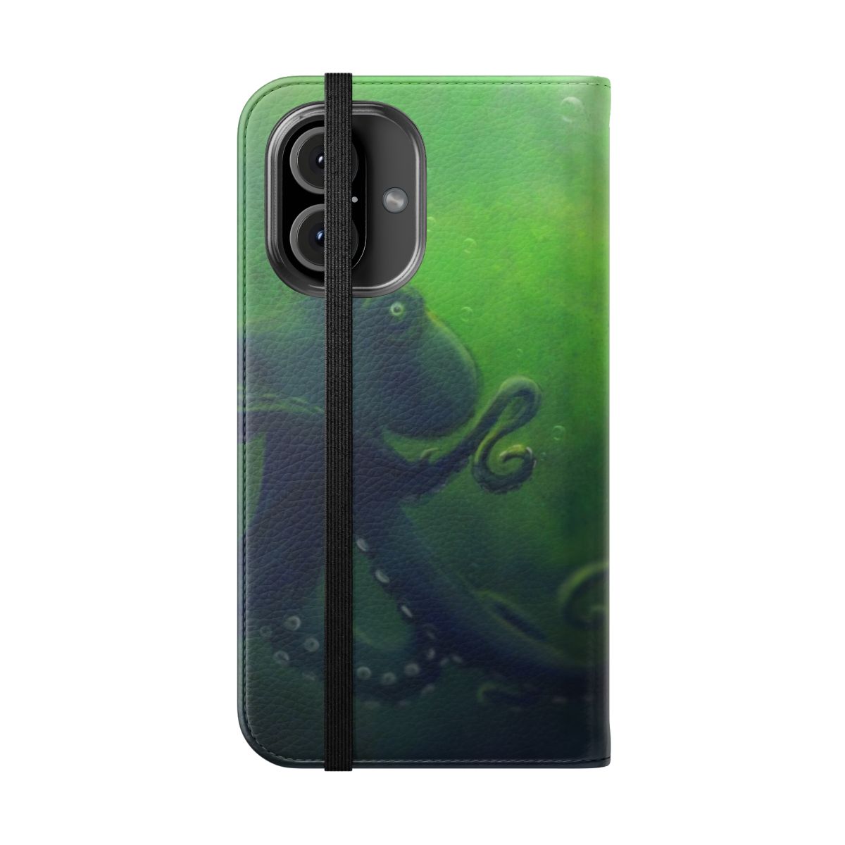 Handmade flip cover phone case featuring a detailed octopus illustration - Folded Front