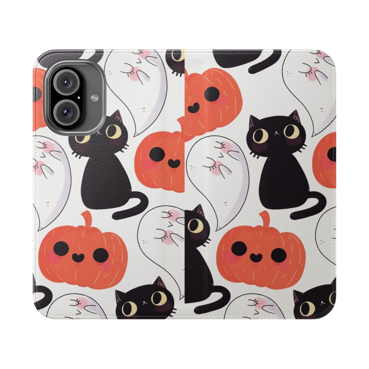 Spooky Halloween-themed flip cover phone case with cute cat, pumpkin, and ghost pattern