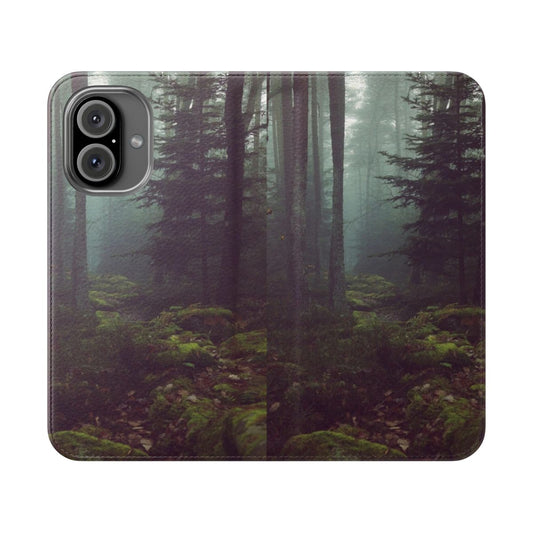 A beautiful flip cover phone case featuring a serene forest night landscape.