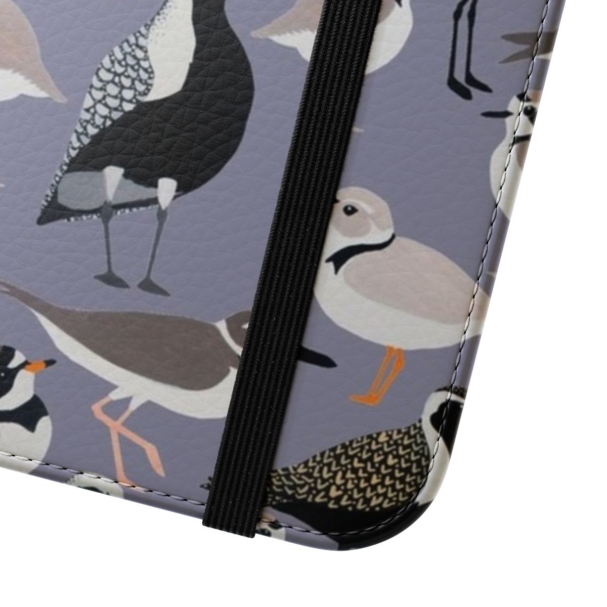 Flip cover phone case featuring a colorful illustration of various plover shorebirds in a natural beach setting. - Close Up