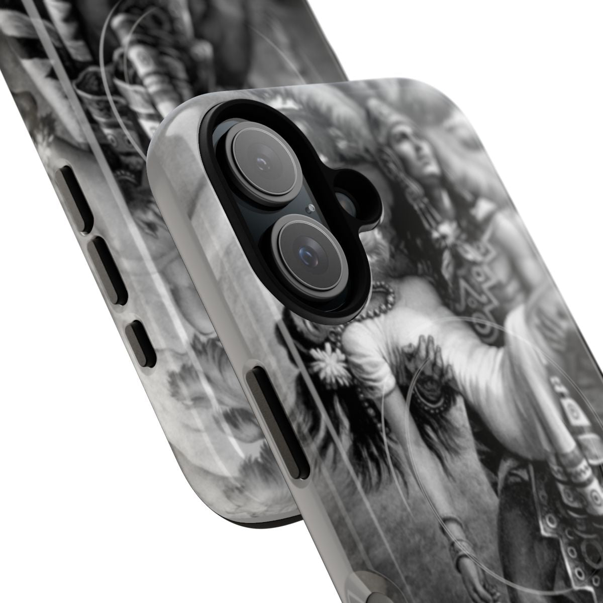 Aztec warrior design printed on a protective, magnetic phone case - Detail