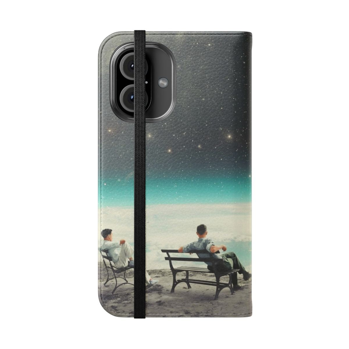 Vintage collage flip cover phone case with a cosmic friendship design featuring a man, stars, and the Earth. - Folded Front