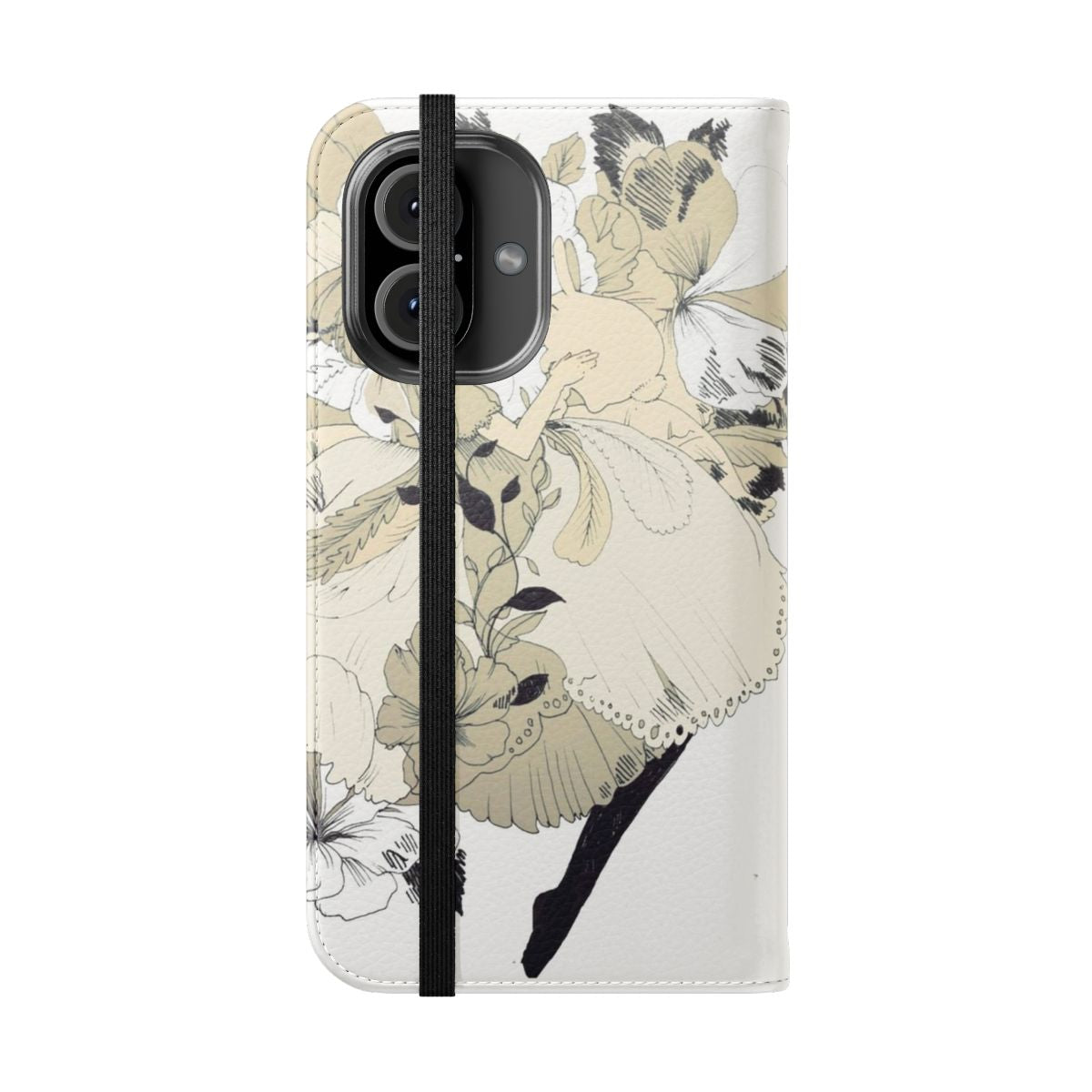 Flip cover phone case with a rabbit, ink, and girl design - Folded Front