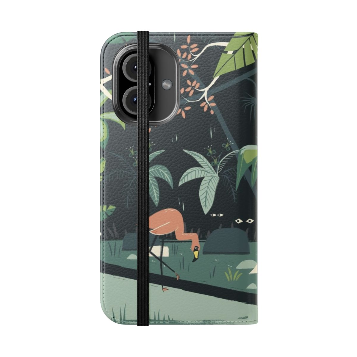 A psychedelic, nature-inspired flip phone case with a vibrant jungle-themed design. - Folded Front