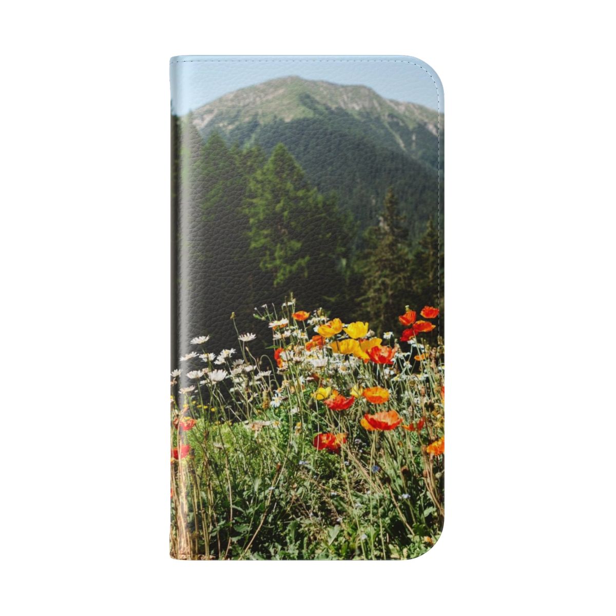 Mountain landscape with wildflowers and forests on a phone case - Folded Back