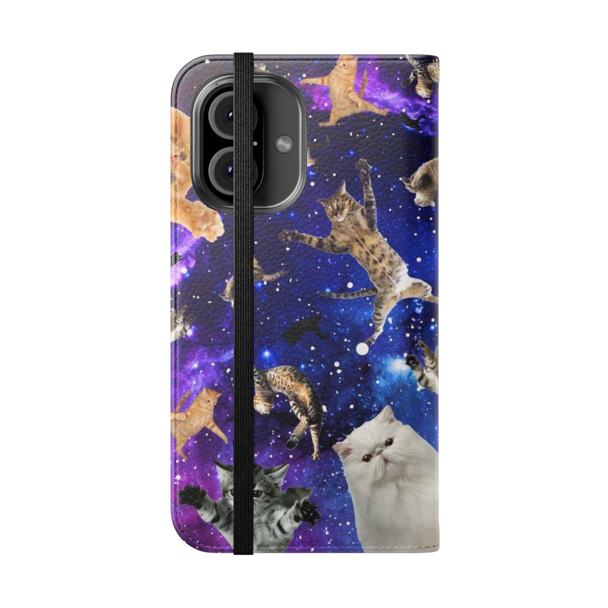 A fun and stylish phone case featuring whimsical space cats floating amongst the stars. - Folded Front