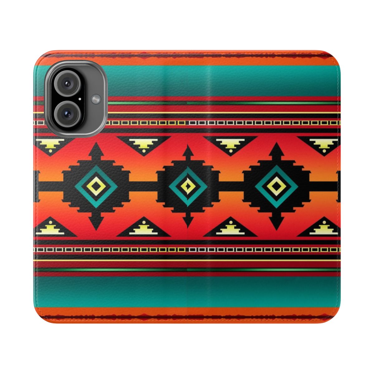 Teal and vibrant Navajo-inspired phone case with intricate geometric patterns and a canyon landscape design