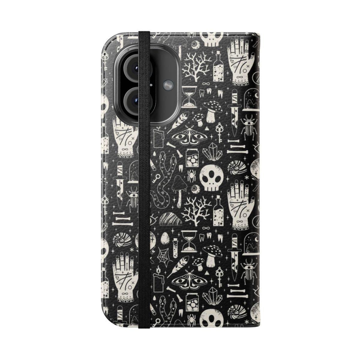 Bone Black Flip Cover Phone Case with Spooky Curiosities Motif - Folded Front