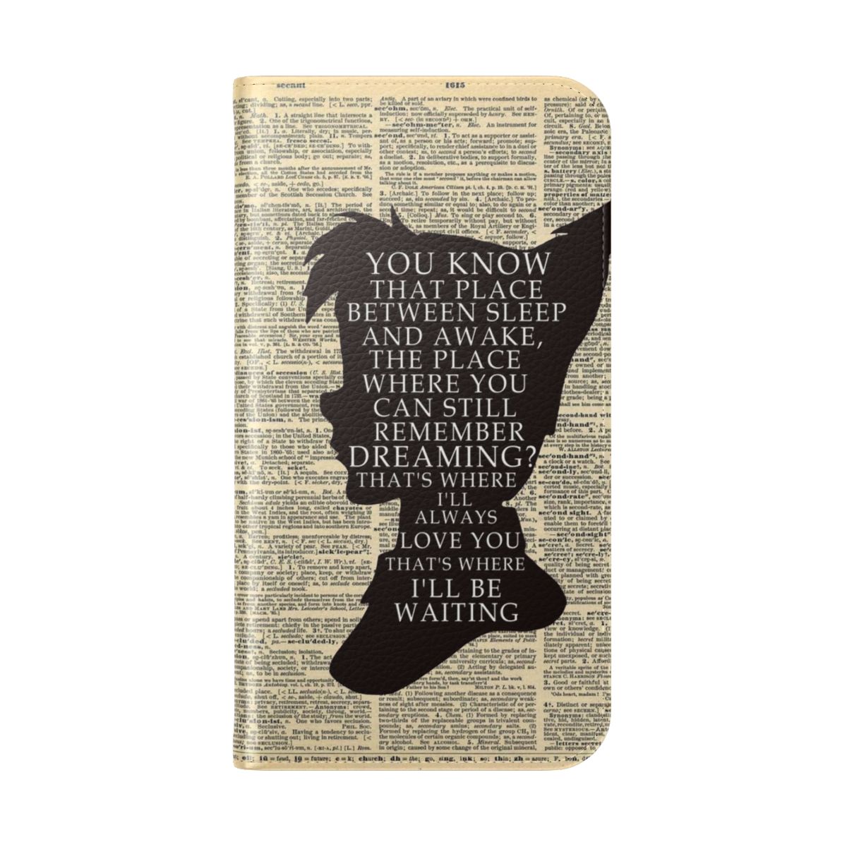 Fantasy-inspired phone case with Peter Pan and vintage dictionary page artwork - Folded Back