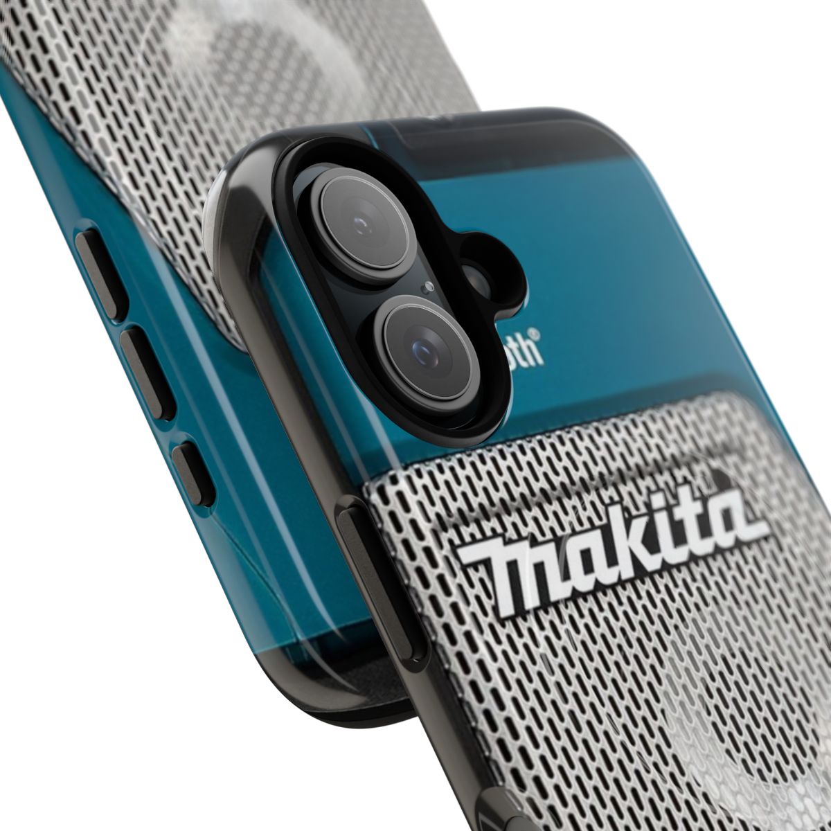 Colorful and protective phone case with Makita job site radio, Bluetooth, and magnetic features - Detail