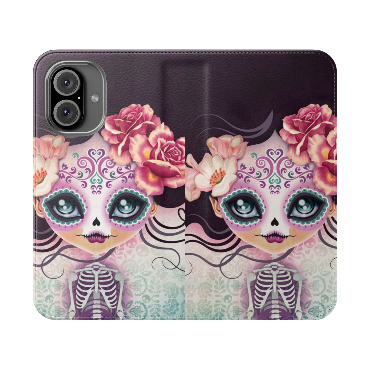 A vibrant sugar skull-inspired flip phone case with a gothic, boho-chic design.