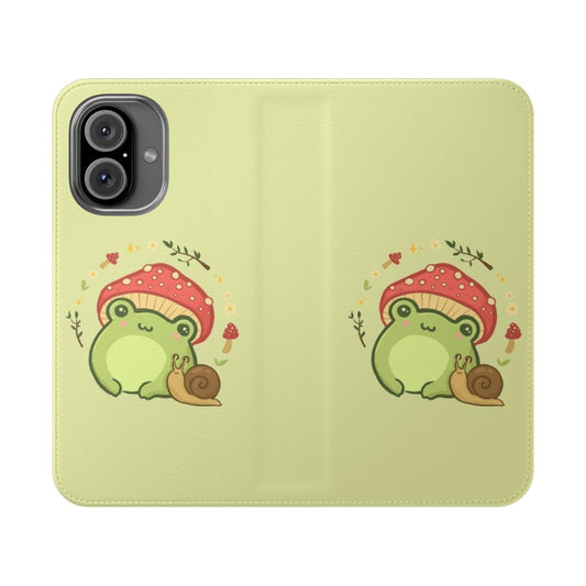 A whimsical and charming phone case featuring a cute kawaii frog wearing a toadstool mushroom hat, surrounded by a snail and a nature-inspired cottagecore aesthetic.