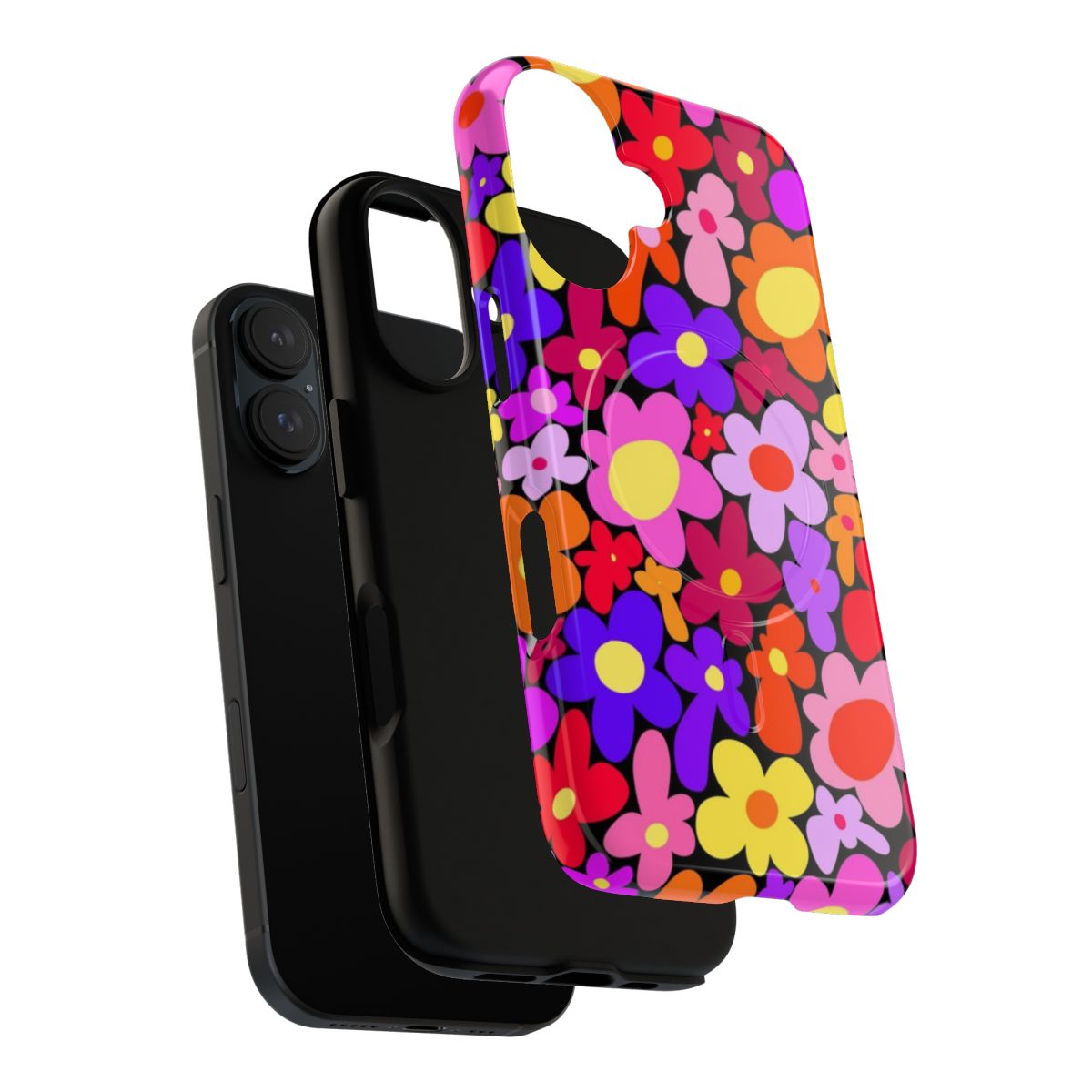 Colorful floral and botanical phone case design with pink, purple, yellow, and orange flowers and leaves - Layers