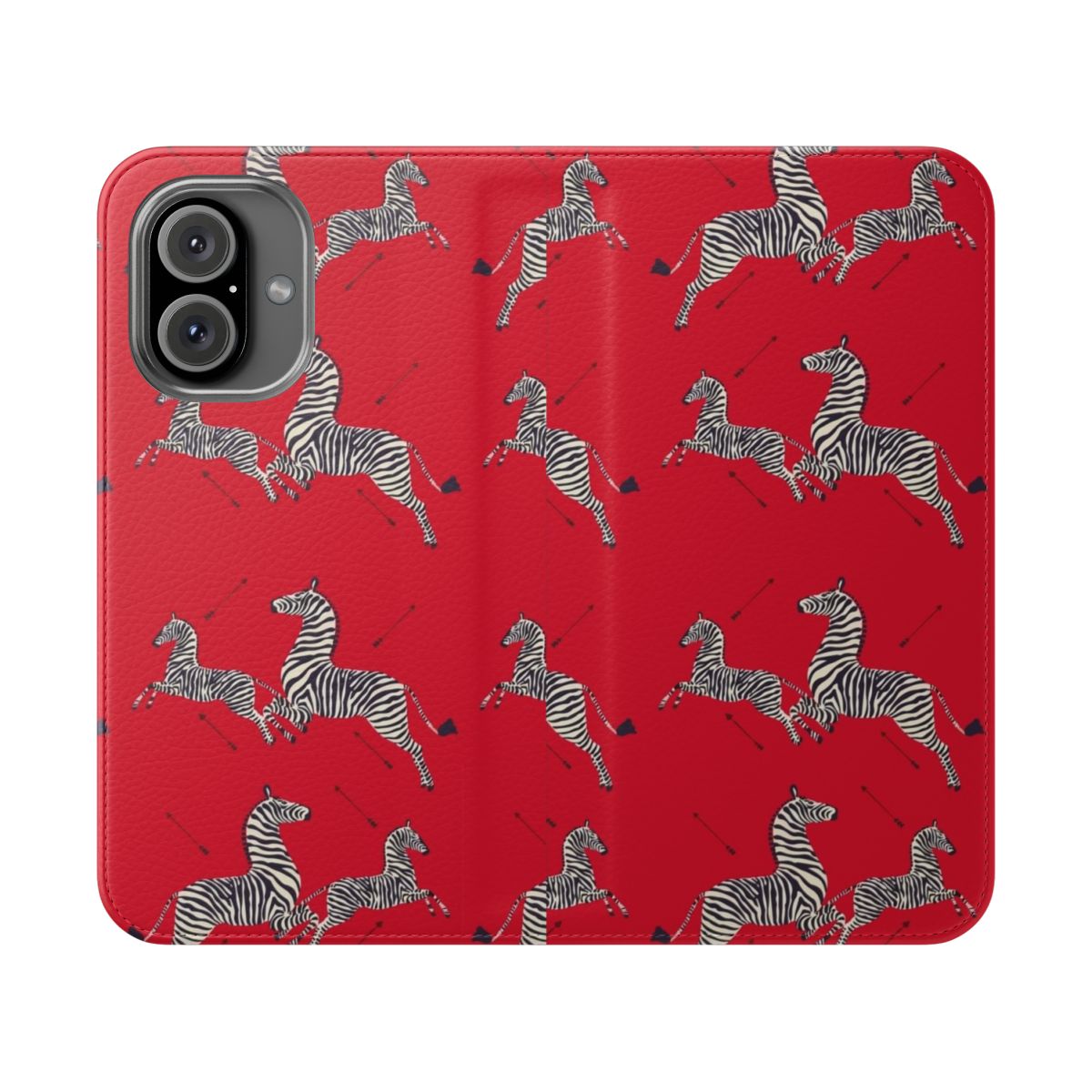 Stylish flip cover phone case with a bold red and white zebra pattern, inspired by the iconic film The Royal Tenenbaums.