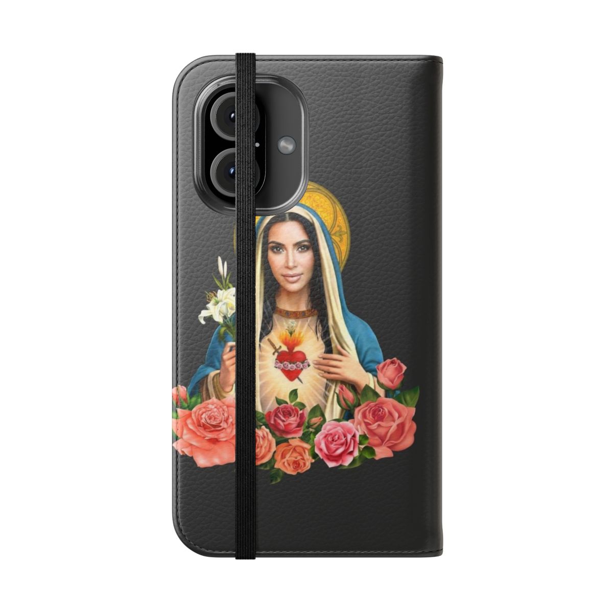 Stylish flip cover phone case featuring a Virgin Mary design inspired by the Kardashian family. - Folded Front